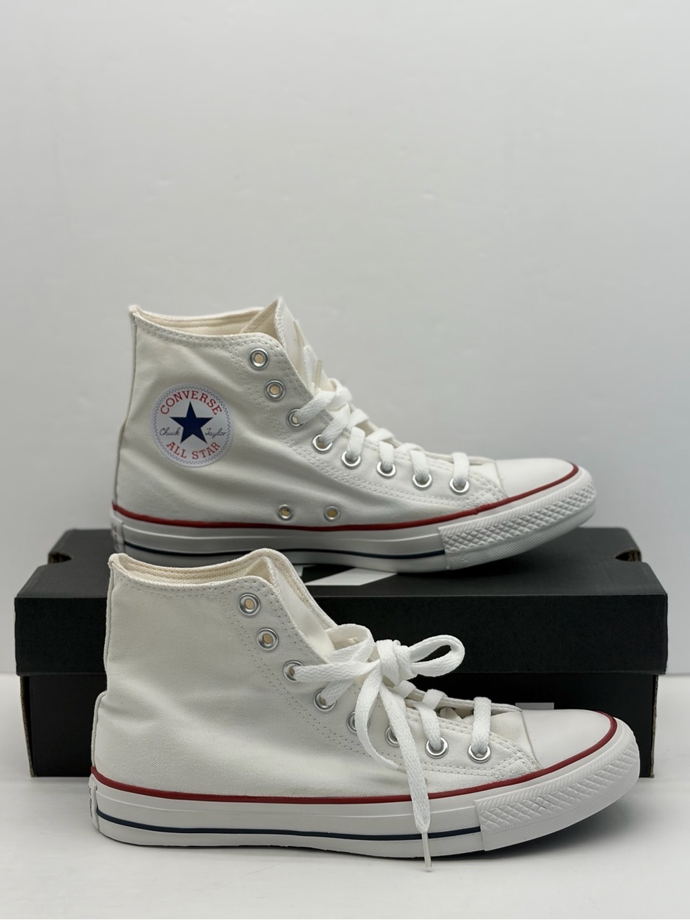 Converse Men’s Unisex White High Top Sneakers with Red & Navy Accents